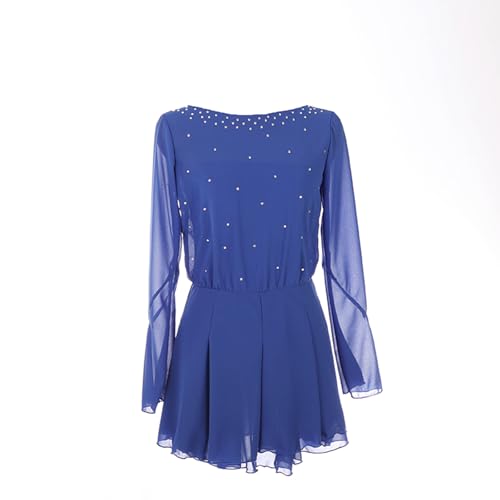 DDJITUO Eiskunstlauf Kleid, Lange Ärmel aus Netzstoff mit glitzernden Strasssteinen Wettkampfkostüm, Gymnastik-Ballett-Tanz-Trikotkleid,2XS,Royal Blue von DDJITUO