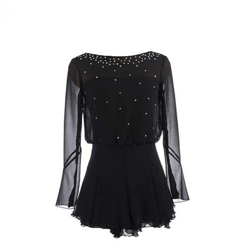 DDJITUO Eiskunstlauf Kleid, Lange Ärmel aus Netzstoff mit glitzernden Strasssteinen Wettkampfkostüm, Gymnastik-Ballett-Tanz-Trikotkleid,3XL,Black von DDJITUO