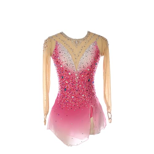 DDJITUO Eiskunstlauf Kleid, Reißverschluss-Wettkampfkostüm mit glänzendem Strass und Farbverlauf, Gymnastik-Ballett-Tanz-Trikotkleid,M,Pink von DDJITUO