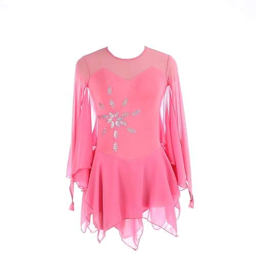 DDJITUO Eiskunstlauf Kleid, Schlichtes Wettkampfkostüm aus Chiffon mit Strasssteinen und Fingerspitzenärmeln, Gymnastik-Ballett-Tanz-Trikotkleid,2XL,Pink von DDJITUO