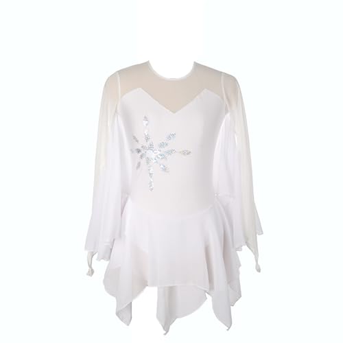 DDJITUO Eiskunstlauf Kleid, Schlichtes Wettkampfkostüm aus Chiffon mit Strasssteinen und Fingerspitzenärmeln, Gymnastik-Ballett-Tanz-Trikotkleid,3XL,White von DDJITUO