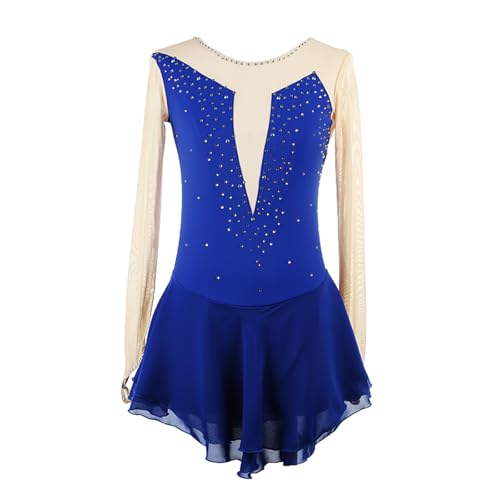 DDJITUO Eiskunstlauf Kleid, Schlichtes Wettkampfkostüm mit Strasssteinen, Gymnastik-, Lyrischer-Ballett-Tanz-Trikot, Eislaufkleid,XS, Royal Blue von DDJITUO