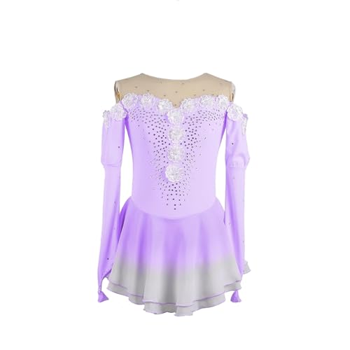 DDJITUO Eiskunstlauf Kleid, Schulterfreies Wettkampfkostüm mit Farbverlauf und Strasssteinen, Gymnastik-Ballett-Tanzanzug,M,Purple von DDJITUO