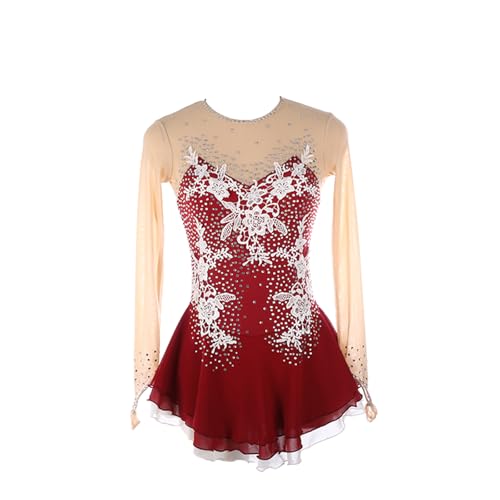 DDJITUO Eiskunstlauf Kleid, Spitzen-Blumen-Wettkampfkostüm mit glitzernden Strasssteinen, Gymnastik-Ballett-Tanz-Trikotkleid,L,Wine red von DDJITUO