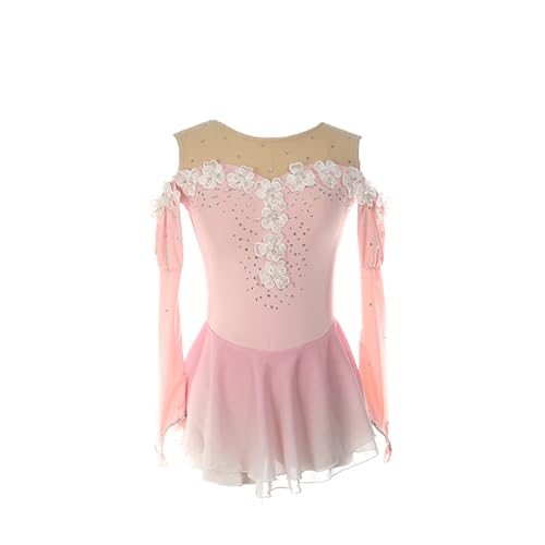 DDJITUO Eiskunstlauf Kleid, Temperamentvolles Schulterfreies Wettkampfkostüm mit Blumen-Strasssteinen und Fingerspitzenärmeln, Gymnastik-Ballett-Tanz-Trikotkleid,2XS,Pink von DDJITUO