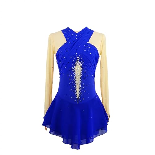 DDJITUO Eiskunstlauf Kleid, Temperamentvolles Wettkampfkostüm mit Strasskreuz und V-Ausschnitt, Gymnastik-Lyrisches Ballett-Tanztrikot, Eislaufkleid,2XS, Royal Blue von DDJITUO