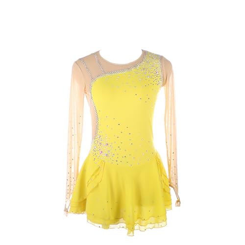 DDJITUO Eiskunstlauf Kleid, Temperamentvolles Wettkampfkostüm mit glänzenden Strasssteinen, Gymnastik-Ballett-Tanz-Trikotkleid,2XL,Yellow von DDJITUO