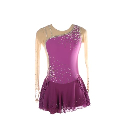 DDJITUO Eiskunstlauf Kleid, Temperamentvolles Wettkampfkostüm mit glänzenden Strasssteinen, Gymnastik-Ballett-Tanz-Trikotkleid,2XS,Eggplant Purple von DDJITUO