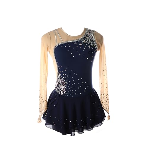 DDJITUO Eiskunstlauf Kleid, Temperamentvolles Wettkampfkostüm mit glänzenden Strasssteinen, Gymnastik-Ballett-Tanz-Trikotkleid,M, Navy Blue von DDJITUO