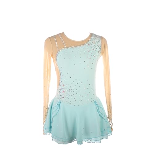 DDJITUO Eiskunstlauf Kleid, Temperamentvolles Wettkampfkostüm mit glänzenden Strasssteinen, Gymnastik-Ballett-Tanz-Trikotkleid,M,Light Blue von DDJITUO