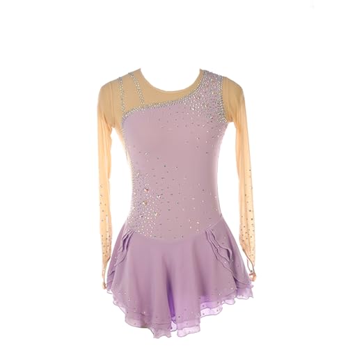 DDJITUO Eiskunstlauf Kleid, Temperamentvolles Wettkampfkostüm mit glänzenden Strasssteinen, Gymnastik-Ballett-Tanz-Trikotkleid,M,Light Purple von DDJITUO