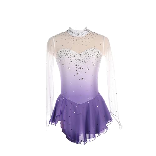 DDJITUO Eiskunstlauf Kleid, Temperamentvolles Wettkampfkostüm mit hohem Kragen Strasssteinen und Farbverlauf an den Fingerspitzen, Gymnastik-Ballett-Tanz-Trikotkleid,2XL,Purple von DDJITUO