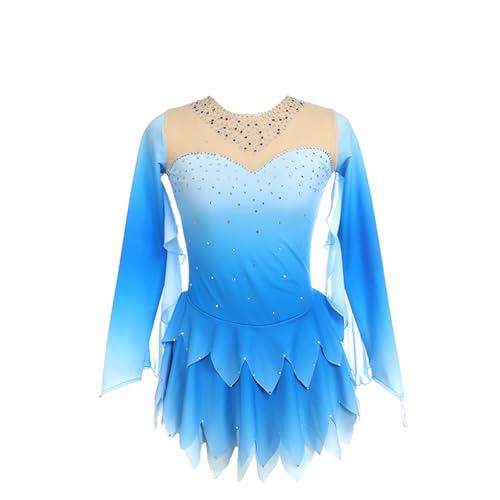 DDJITUO Eiskunstlauf Kleid, Temperamentvolles langärmliges Wettkampfkostüm mit Strassverläufen, Gymnastik-Ballett-Tanz-Trikotkleid,L,Blue von DDJITUO