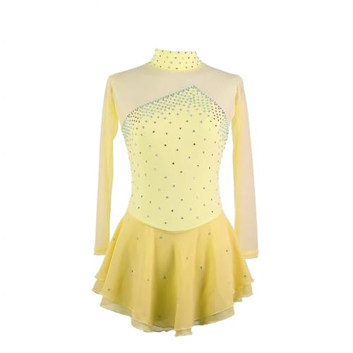 DDJITUO Eiskunstlauf Kleid, Temperamentvolles strassbesetztes hochgeschlossenes langärmliges Wettkampfkostüm, Gymnastik-, lyrisches Ballett-Tanztrikot, Eislaufkleid,2XL, Yellow von DDJITUO