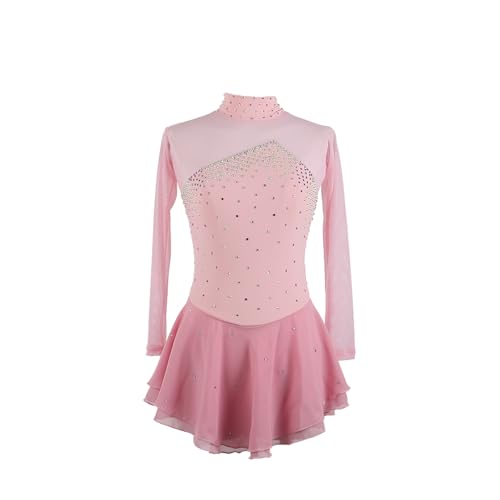 DDJITUO Eiskunstlauf Kleid, Temperamentvolles strassbesetztes hochgeschlossenes langärmliges Wettkampfkostüm, Gymnastik-, lyrisches Ballett-Tanztrikot, Eislaufkleid,3XL, Light pink von DDJITUO