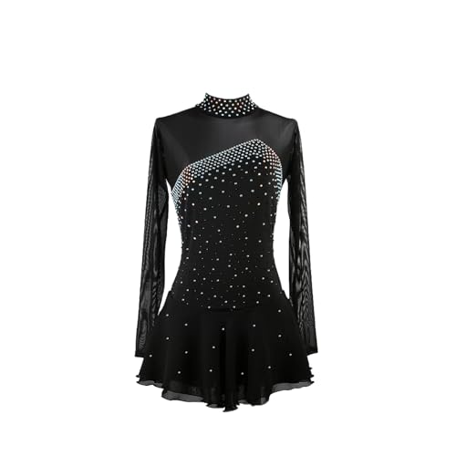 DDJITUO Eiskunstlauf Kleid, Temperamentvolles strassbesetztes hochgeschlossenes langärmliges Wettkampfkostüm, Gymnastik-, lyrisches Ballett-Tanztrikot, Eislaufkleid,3XL,Black von DDJITUO