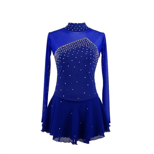 DDJITUO Eiskunstlauf Kleid, Temperamentvolles strassbesetztes hochgeschlossenes langärmliges Wettkampfkostüm, Gymnastik-, lyrisches Ballett-Tanztrikot, Eislaufkleid,M, Royal Blue von DDJITUO