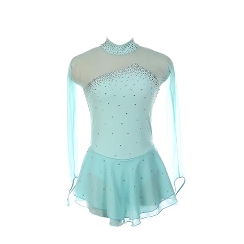 DDJITUO Eiskunstlauf Kleid, Turnierkostüm mit Rollkragen und Fingerspitzenärmeln aus Netzstoff mit Strasssteinen, Gymnastik-Ballett-Tanzkleid,XL,Light Blue von DDJITUO