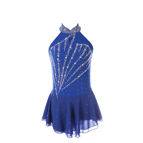 DDJITUO Eiskunstlauf Kleid, Vintage-Turnierkostüm mit glänzendem Strasssteinen Rollkragen ärmellos, Gymnastik-Ballett-Tanz-Trikotkleid,3XL,Blue von DDJITUO