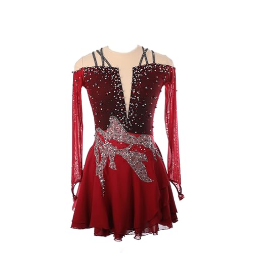 DDJITUO Eiskunstlauf Kleid, Wettbewerbskostüm mit Perlenverzierung und Strasssteinen im Temperamentverlauf, Gymnastik-Ballett-Tanz-Trikotkleid,3XS,Wine red von DDJITUO