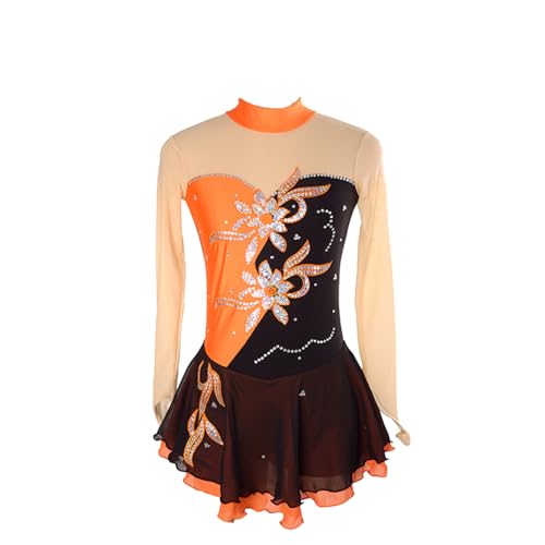 DDJITUO Eiskunstlauf Kleid, Wettbewerbskostüm mit Strass-Blumen in Blockfarben, Gymnastik-Ballett-Tanz-Trikotkleid,3XL,Orange von DDJITUO