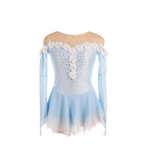 DDJITUO Eiskunstlauf Kleid, Wettkampfkostüm mit Ärmeln mit Strasssteinen und Blumenmuster, Gymnastik-Ballett-Tanz-Trikot,XS,Blue von DDJITUO