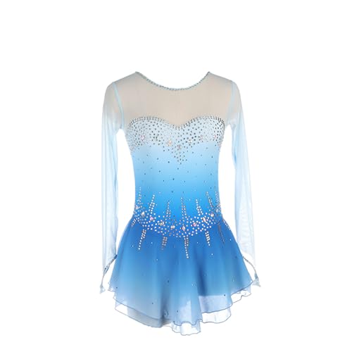 DDJITUO Eiskunstlauf Kleid, Wettkampfkostüm mit Fingerspitzenärmeln und Strass-Farbverlauf-Netzstoff, Gymnastik-Ballett-Tanz-Trikotkleid,3XL,Blue von DDJITUO