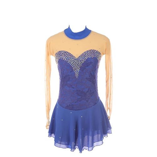 DDJITUO Eiskunstlauf Kleid, Wettkampfkostüm mit Spitzen-Strass-Netzärmeln und Fingerspitzen, Gymnastik-Ballett-Tanz-Trikotkleid,3XS,Blue von DDJITUO