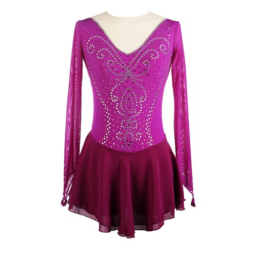 DDJITUO Eiskunstlauf Kleid, Wettkampfkostüm mit Strass-Netzärmeln und Fingerspitzen, Gymnastik-Ballett-Tanzanzug,L,Purple von DDJITUO