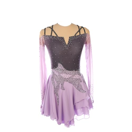 DDJITUO Eiskunstlauf Kleid, Wettkampfkostüm mit farbverlaufenden Strasssteinen und gekreuzten Trägern, Gymnastik-Ballett-Tanz-Trikotkleid,XS,Purple von DDJITUO