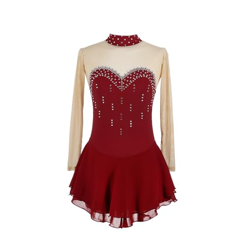 DDJITUO Eiskunstlauf Kleid, Wettkampfkostüm mit funkelndem Strass-Stehkragen,Gymnastik -Lyrisches Ballett-Tanz-Trikot, Eislaufkleid,L, Wine red von DDJITUO