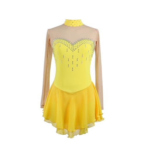 DDJITUO Eiskunstlauf Kleid, Wettkampfkostüm mit funkelndem Strass-Stehkragen,Gymnastik -Lyrisches Ballett-Tanz-Trikot, Eislaufkleid,S, Yellow von DDJITUO