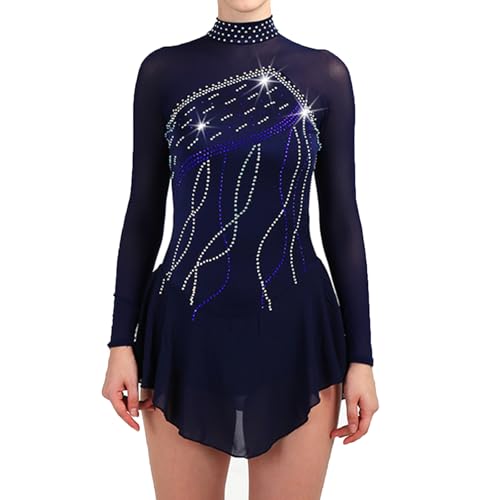 DDJITUO Eiskunstlauf Kleid, Wettkampfkostüm mit hohem Kragen und Netzbesatz und Strasssteinen, Gymnastik- und Lyrik-Ballett-Tanztrikot, Eislaufkleid,XL,Navy Blue von DDJITUO