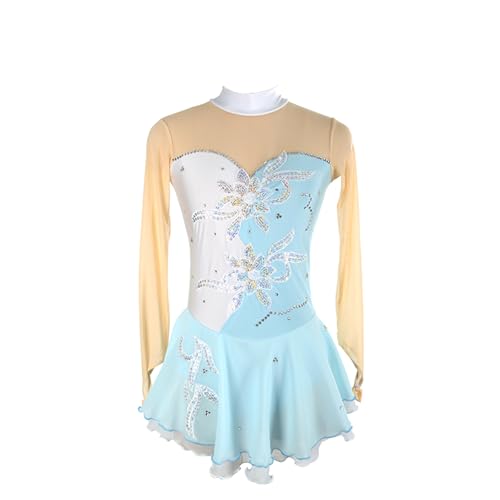 DDJITUO Eiskunstlauf Kleid, Zweifarbiges Wettkampfkostüm mit Blumen-Strasssteinen, Gymnastik-Ballett-Tanz-Trikotkleid,M, Light Blue von DDJITUO