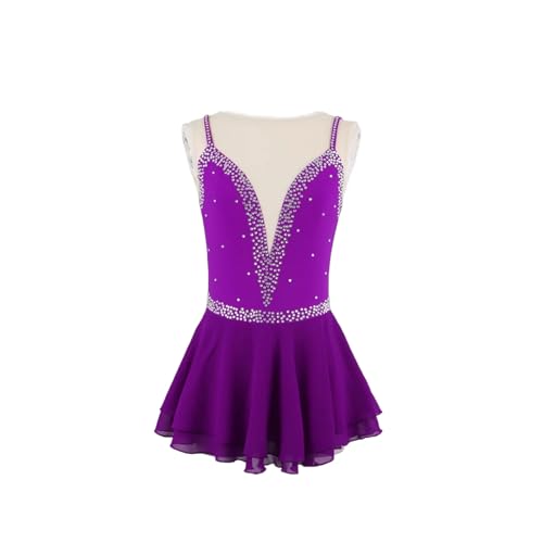 DDJITUO Eiskunstlauf Kleid, rückenfreies ärmelloses Wettkampfkostüm mit Strasssteinen, gymnastisches lyrisches Balletttanz-Trikot, Eislaufkleid,XS, Purple von DDJITUO