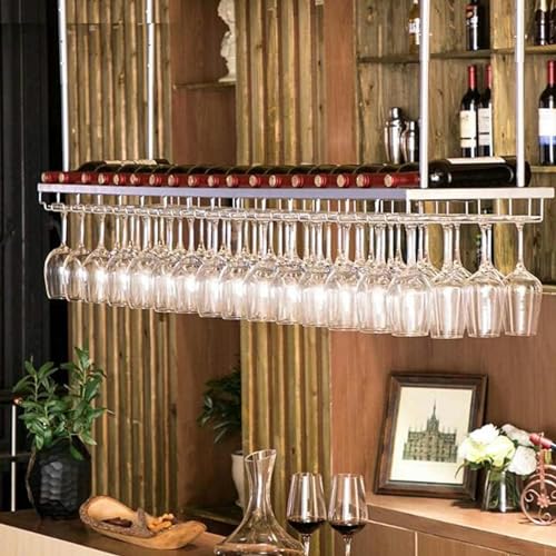 Weinregal zum Aufhängen, Weinglashalter, 2 Regalschichten, verstellbarer Deckenflaschenhalter aus Metall, einfaches Deckendekorationsregal für Bars, Familien, Restaurants, Silber, 80 x 30 cm Smooth von DDJKUAS