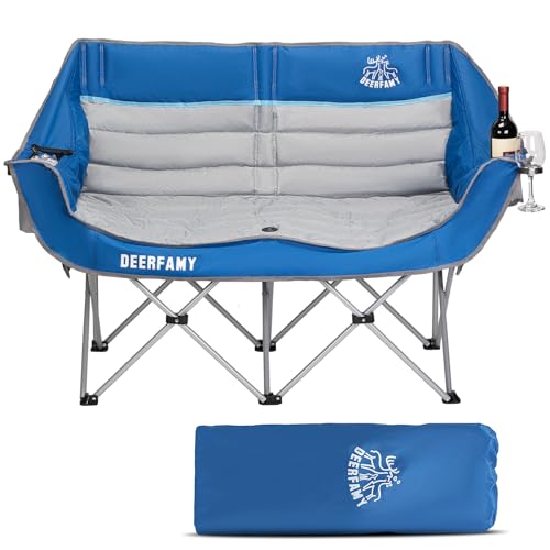 DEERFAMY Campingstuhl Klappbar für 2 Personen, Campingsofa Doppelstuhl mit Kühltasch, Getränke & Weinglashaltern – Tragbarer Outdoor Gepolstert Doppelsessel, Belastbar bis 240 kg von DEERFAMY