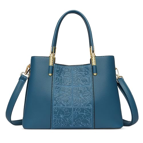 DEEVORCA Damen Handtasche Vintage Frau Schultertasche Exquisites Stickdesign Mehrere Taschen Abnehmbarer Schultergurt Arbeit Geschäft Treffen Messenger Tasche Wasserdichtes Echtleder Blau von DEEVORCA