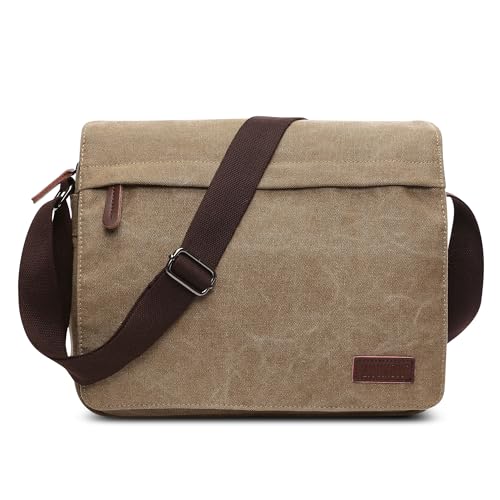 DEEVORCA Mode Herren Umhängetasche Vintage Canvas Kuriertasche 14 Zoll Laptoptasche Schultertaschen für Casual Reise Urlaub Schula Bergsteigen Männer Arbeitstasche Leinwand Aktentasche Khaki von DEEVORCA