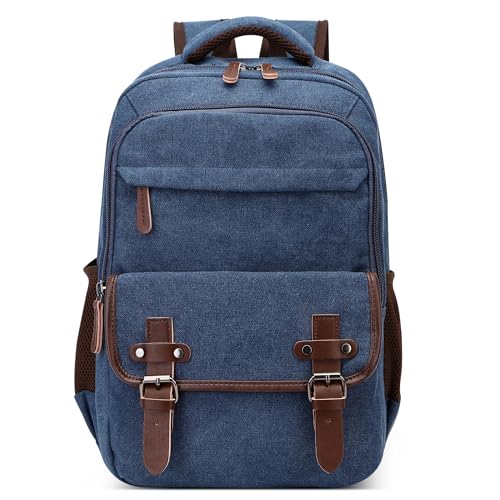 DEEVORCA Retro Rucksack Herren Elegant Groß Kapazität Tagesrucksack für 15 Zoll Laptop mit Griff Mehrere Taschen Schulrucksack Reisen Lässig Arbeit Camping Täglich Leinwand Herren Backpack Blau von DEEVORCA