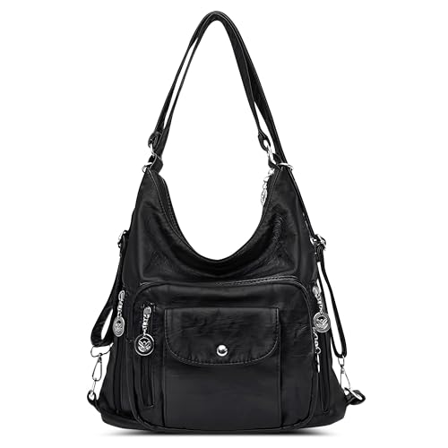 DEEVORCA Vintage Damen Umhängetasche Mode Lässig Rucksack Einkaufen Arbeit Reisen Crossbody Tasche PU Leder Wasserdicht Mehrere Taschen Schultertasche Multifunktionale Handtasche Schwarz von DEEVORCA