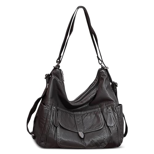 DEEVORCA Vintage Mode Damen Umhängetasche Lässig Rucksack Einkaufen Arbeit Reisen Crossbody Tasche PU Leder Mehrere Taschen Schultertasche Multifunktionale Handtasche Hobo Tasche Grau von DEEVORCA