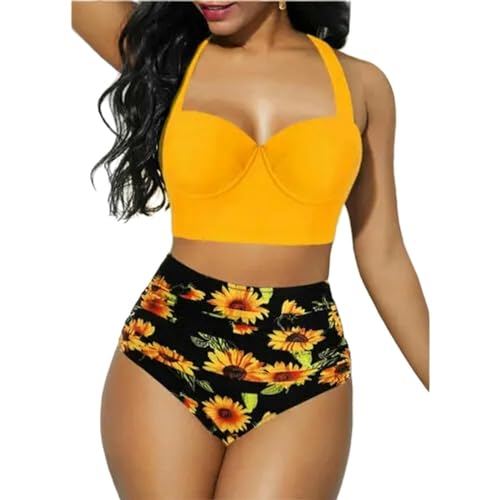 DEEYIN Damen Push Up Bikini Damen Push Up Bikini Set Sommer Slim Fit Blumendruck Frauen Hohe Taille Badeanzug C-M von DEEYIN