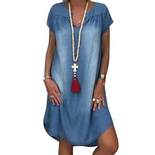 DEEYIN Denim-Kleid S-5xl Neuer lässiger Stil Mode Sexy V Sommerkleid-Blue-XXL von DEEYIN