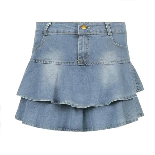 DEEYIN Denim Mini Retro Jeansrock Shorts Damen Sommer Mode Hohe Taille A-Linie Slim Cute Mini Denim Rüschen Rock von DEEYIN