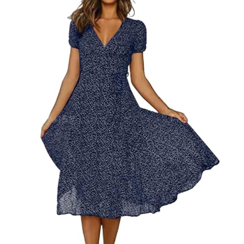 DEEYIN Sommer Damen Polka Dot A-Linie Kleid Casual V-Ausschnitt Strandkleid für Damen - Navy - S von DEEYIN