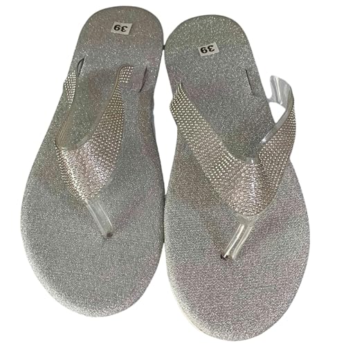 DEEYIN Sommer-Hausschuhe für Damen, lässig, große Größe, Pailletten, Strass, flache Flip-Flops, modische Damen-Sandalen, silberfarben, 40 EU von DEEYIN