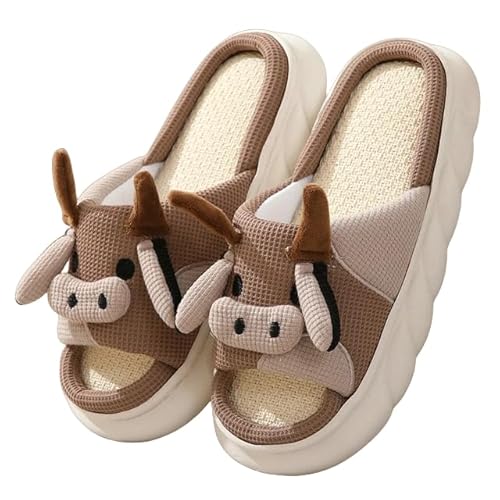 DEEYIN Sommer-Slipper Niedliche Baumwoll-Leinen-Hausschuhe für Damen und Herren, Flip-Flops, Cartoon, Kuh, Frosch, Indoor-Schuhe, B-Brown Cow36-37 von DEEYIN