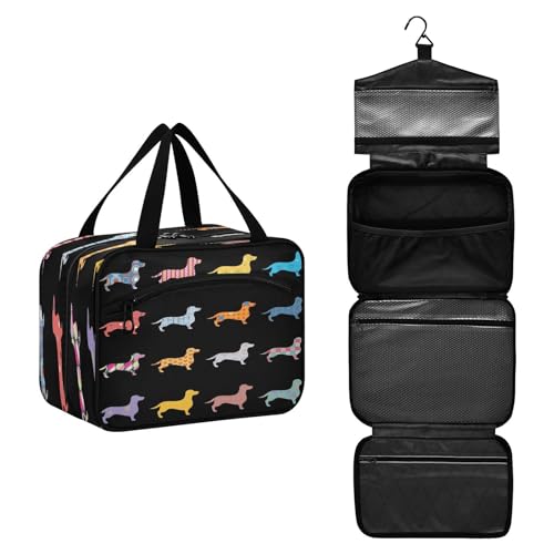 DEHOZO Bunte niedliche Dackel-Hunde-Reise-Kulturtasche, hängende Make-up-Tasche Organizer für Damen und Herren, tragbare Kosmetiktasche, Waschbeutel für Reiseutensilien, Toilettenartikel, Kosmetik, von DEHOZO