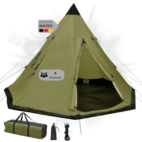 DELUKE® Campingzelt 4 Personen TIPI grün | regenfest, atmungsaktiv | Tipi Pyramidenzelt Familienzelt für 4 Personen Gruppenzelt Zelt Camping Zelt Outdoor Zelten von DELUKE